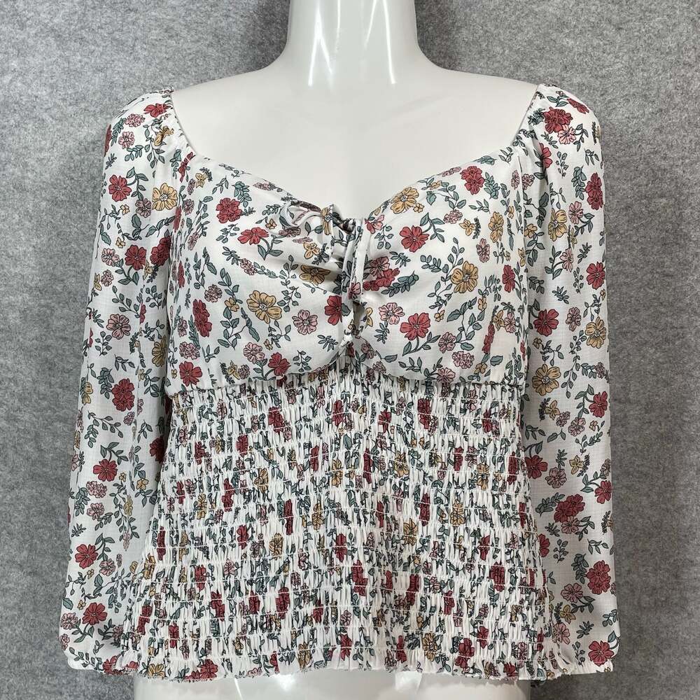 The General Good M‎ Smocked Long Sleeve Floral Print Tie Front Blouse